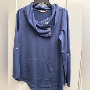 Soft surroundings Blue cowl neck pullover top 3/4 length sleeve size Small